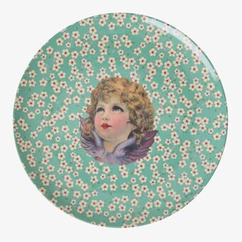 Assiett Grön Angel Print från Rice med blommor och ängel