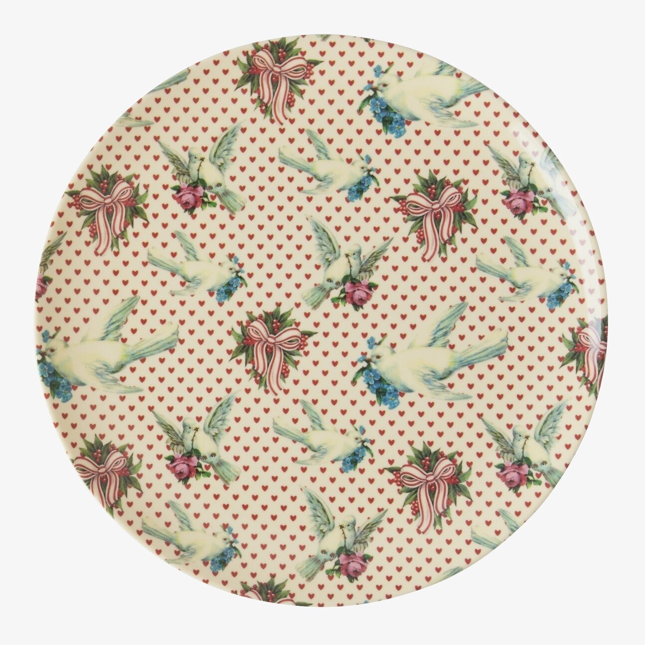 Assiett Dove Print från Rice med duvor, hjärtan och blommor