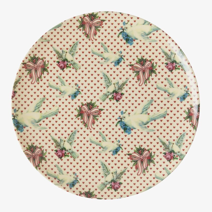Assiett Dove Print från Rice med duvor, hjärtan och blommor