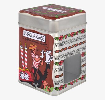 Bild av färgglad plåtburk med kaffetema och illustration