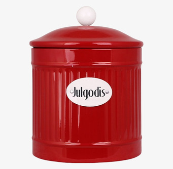 Bild av röd plåtburk för julgodis med vit knopp