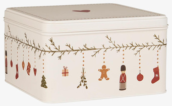 Bild av nostalgisk plåtburk med juldekorationer