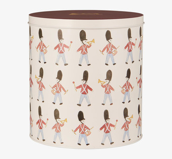 Bild av rund plåtburk med lekfullt soldatmotiv