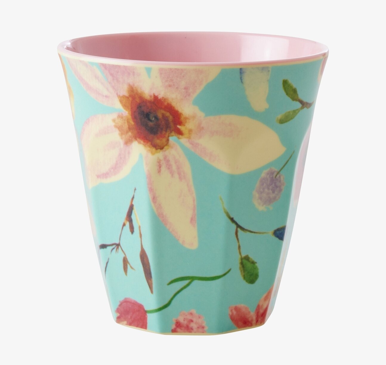 Bild av färgglad mugg med blommönster och rosa insida