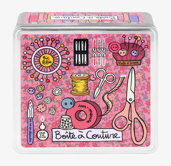 Bild av livfull plåtburk för sybehör och dekoration