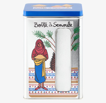 Bild av dekorativ plåtburk för mannagrynsförvaring