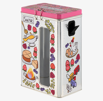 Bild av färgglad och funktionell plåtburk för socker