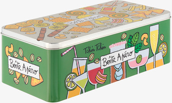 Bild av livfull grön plåtburk med snacks och drinkar