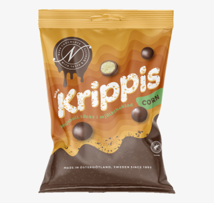 Narr Krippis Corn från Narr Chocolate i gyllene/brun påse
