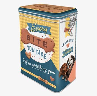 Bild av färgglad plåtburk för hundgodis med design