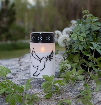 Gravljus LED Dove från Star Trading på stenig yta med växter