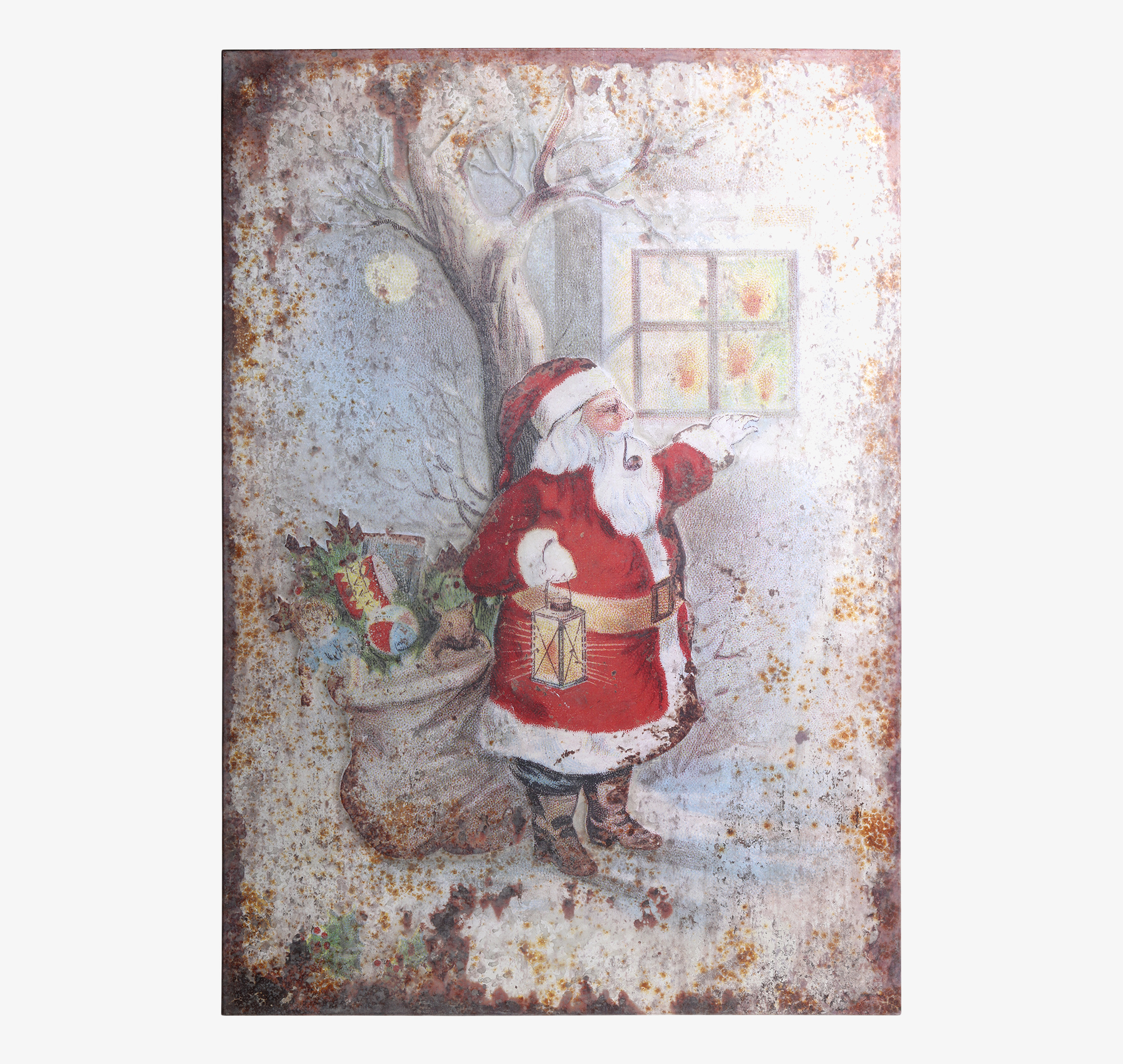 Bild av nostalgisk jultomte på vintage plåtskylt