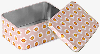 Liten Plåtburk Rosa Blommor från Blafre, öppen med lock bredvid