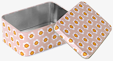 Liten Plåtburk Rosa Blommor från Blafre, öppen med lock bredvid