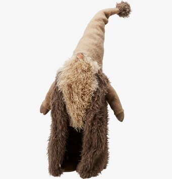 Bild av dekorativ tomte i brun kappa med fluffig luva