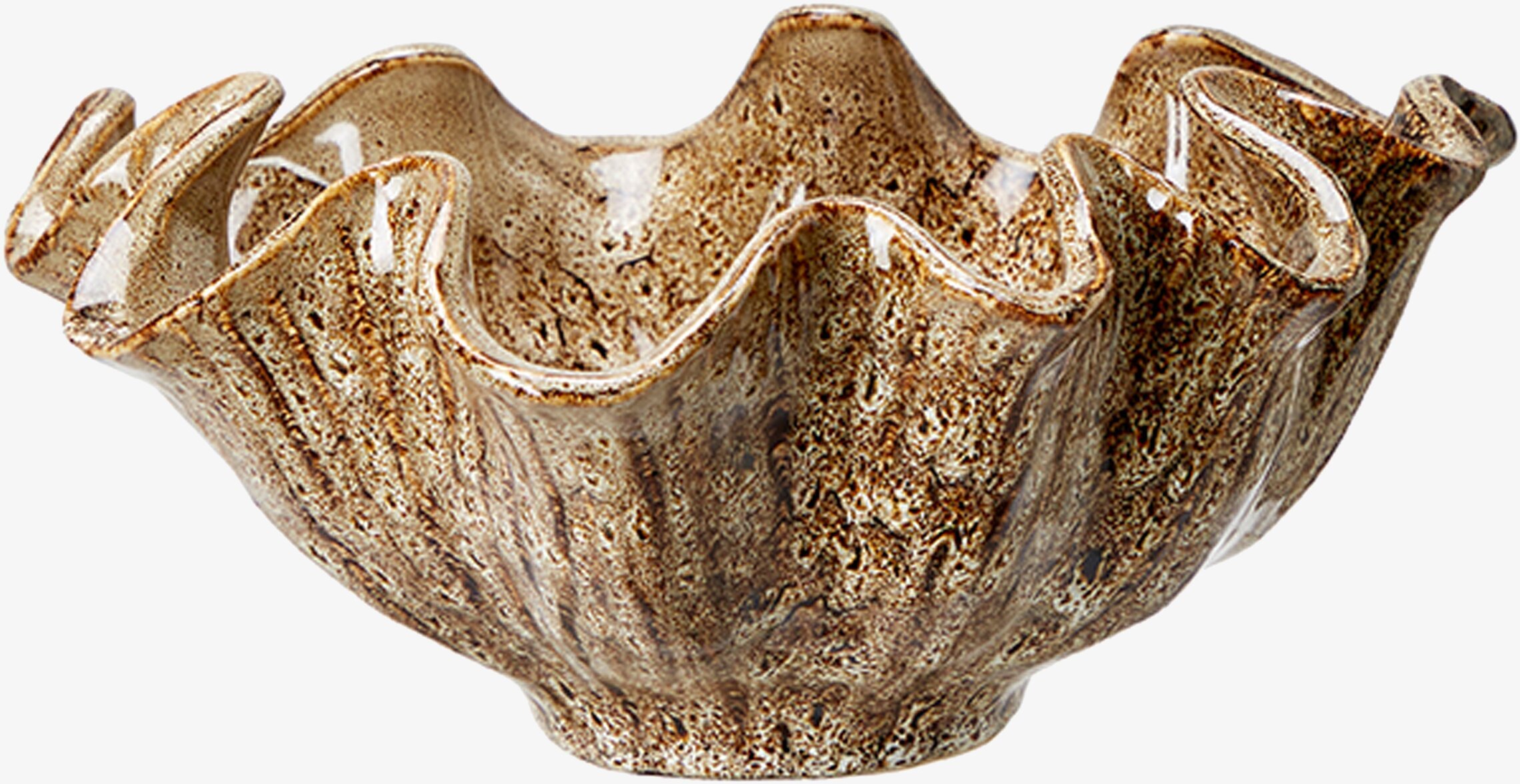 Bild av unik skål med brunmelerad yta och vågformig kant