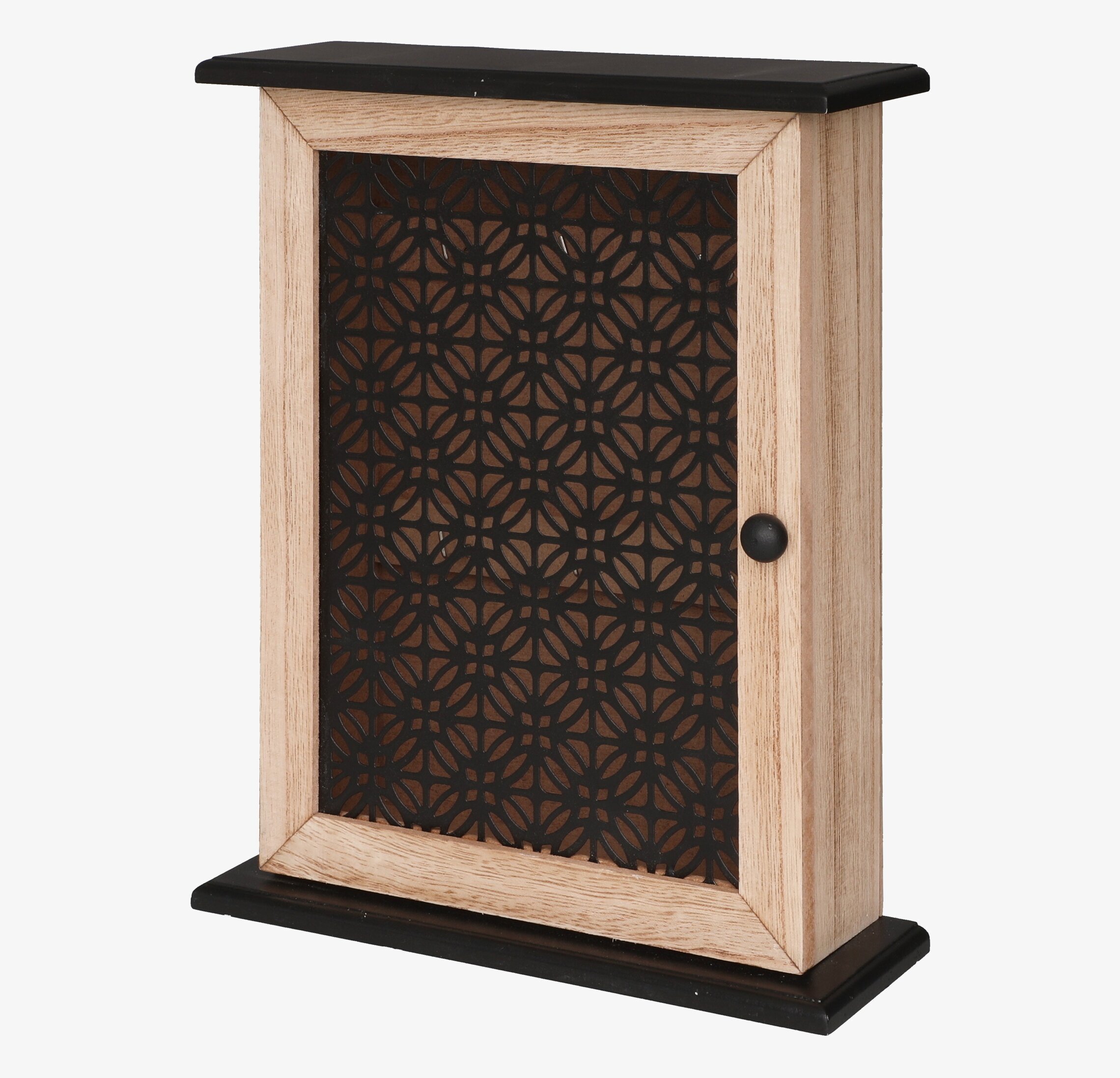 Foto av nyckelskåp med geometriskt mönster och ljus träram