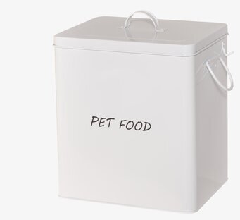 Foto av stilren vit plåtburk för djurfoderförvaring