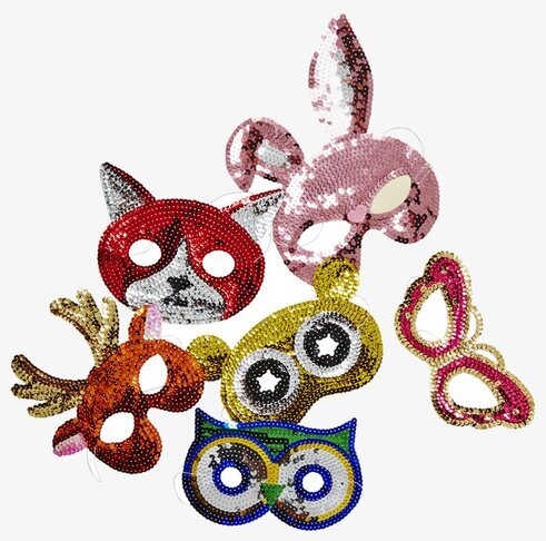 Paljettmask från Rice i olika djur- och fantasidesigner