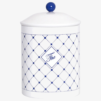 Bild av stilfull nordisk plåtburk med blått mönster