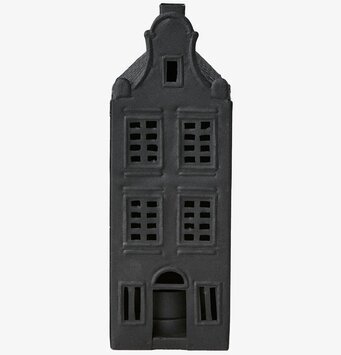 Bild av en svart ljuslykta i form av ett klassiskt hus