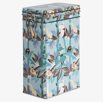 Bild av charmig kaffeburk med Mumin-tema i blågrönt