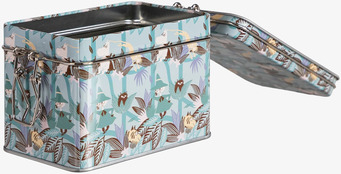 Bild av rektangulär teburk med Mumin-motiv i blågrönt