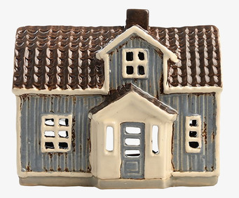 Bild av charmig ljuslykta i form av ett blått hus