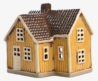 Bild av charmig ljuslykta i form av ett gult hus