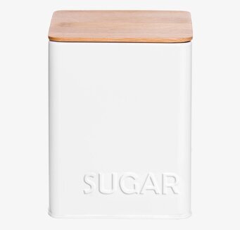 Bild av stilren plåtburk med trälock för köksförvaring