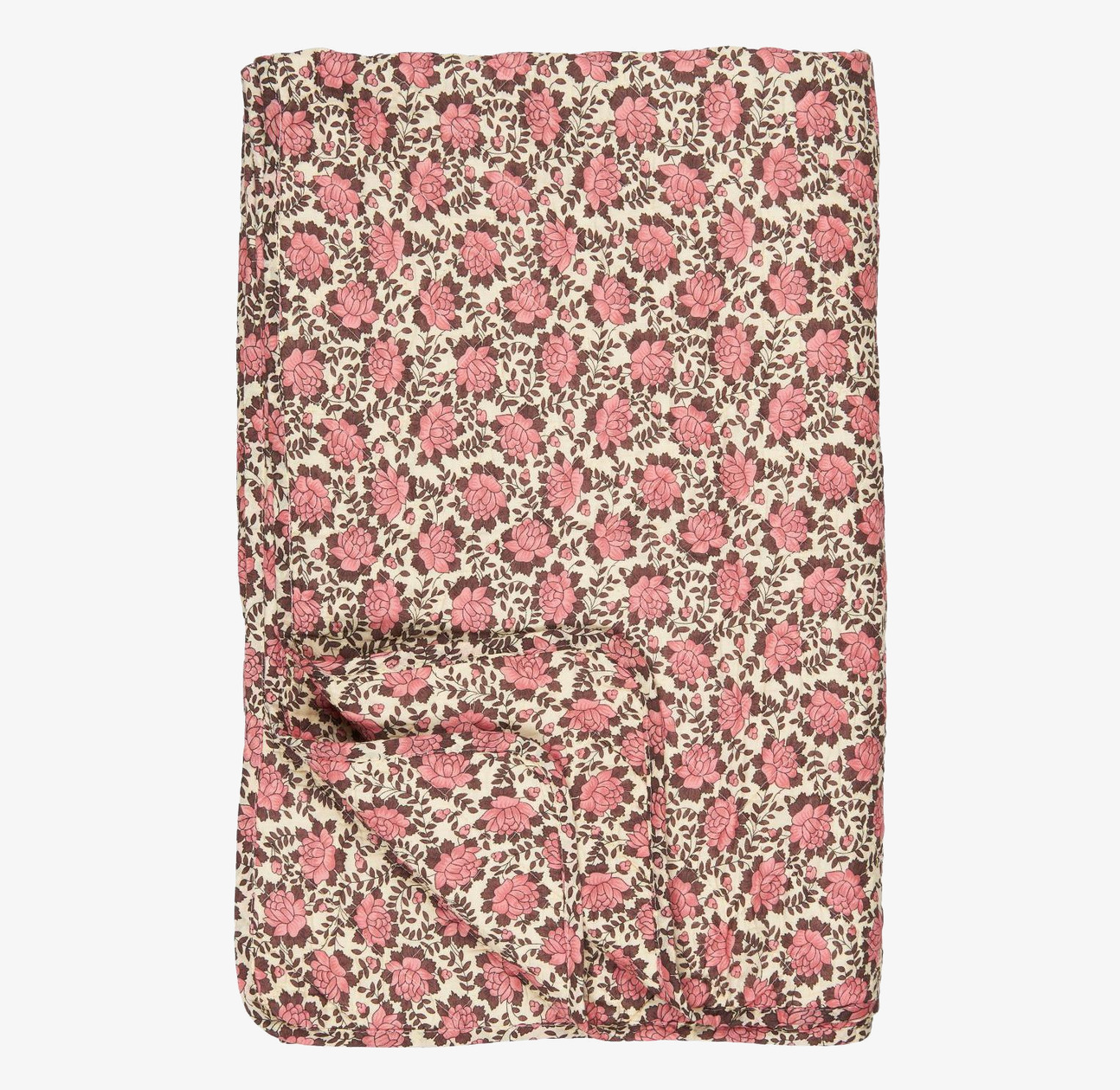 Bild av mjuk bomullsfilt med blommotiv i rosa och brunt