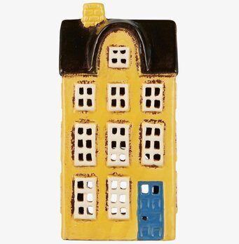 Foto av dekorativ gul ljuslykta i keramik med blå dörr