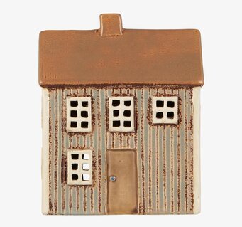 Bild av dekorativ ljuslykta i grå och beige keramik