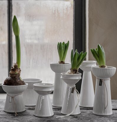 Bild av eleganta, räfflade vaser i naturvitt på träbord