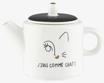 Bild av charmig tekanna med kopp och kattmotiv