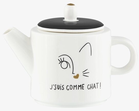 Bild av charmig tekanna med kopp och kattmotiv