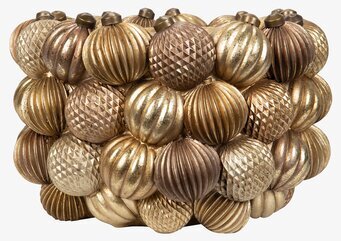 Foto av en unik kruka med julkulor i guld och brons