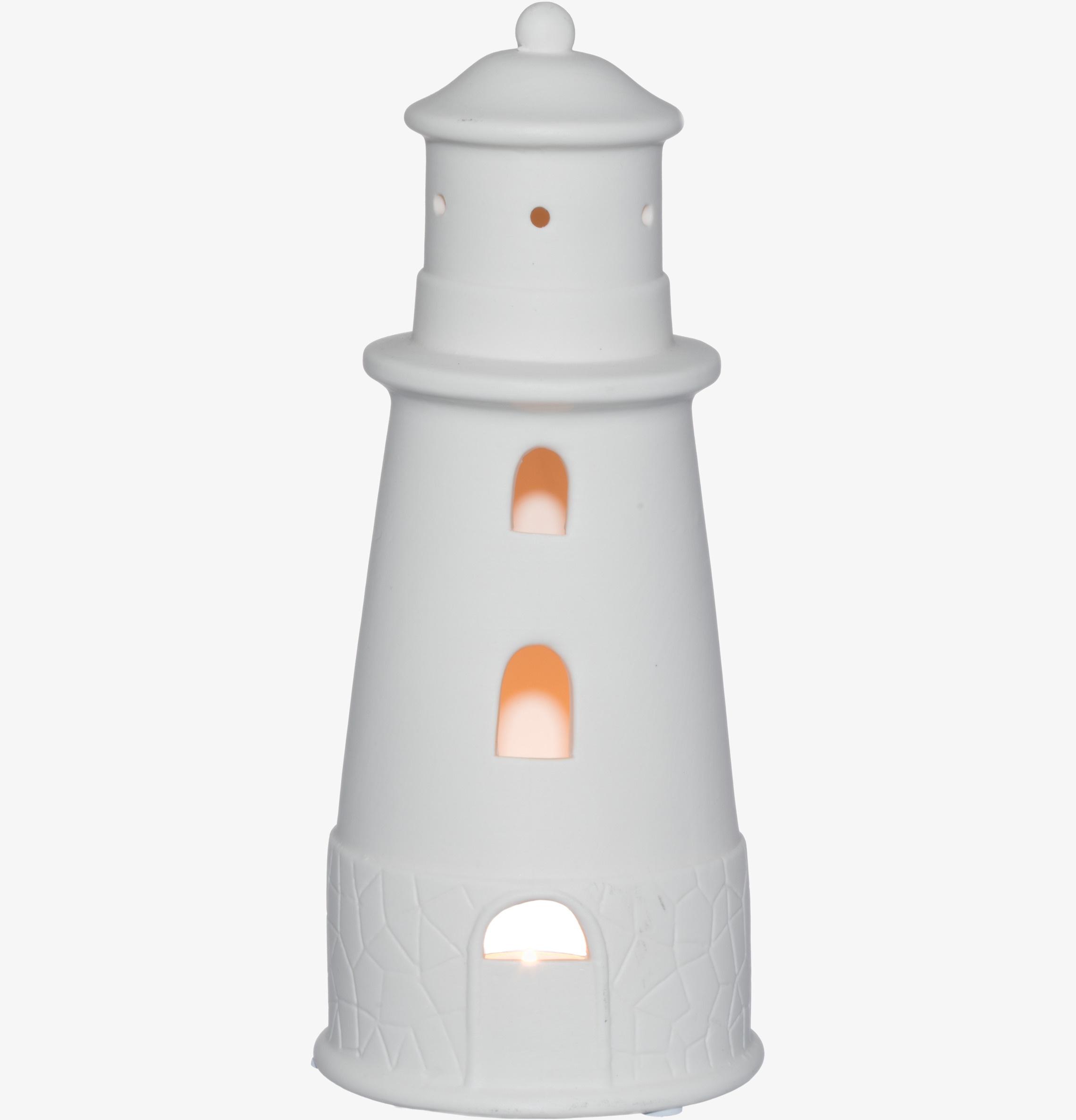 Bild av stilren ljuslykta i vit keramik med fyrdesign