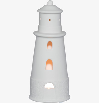 Bild av stilren ljuslykta i vit keramik med fyrdesign