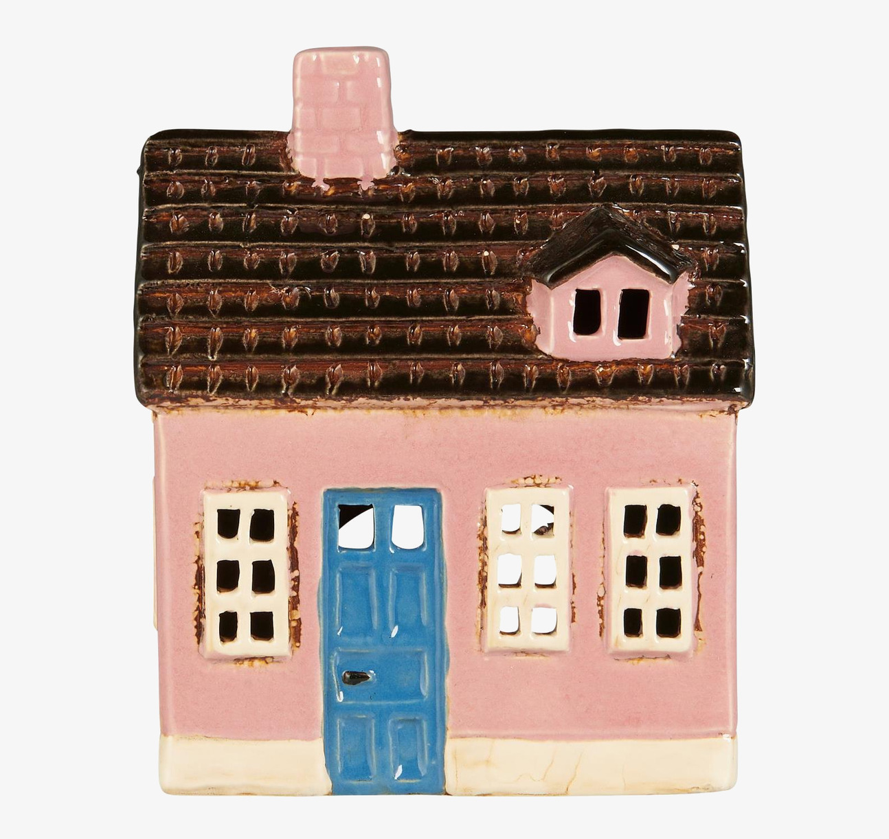 Bild av charmig rosa ljuslykta i keramik med blå dörr