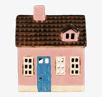 Bild av charmig rosa ljuslykta i keramik med blå dörr