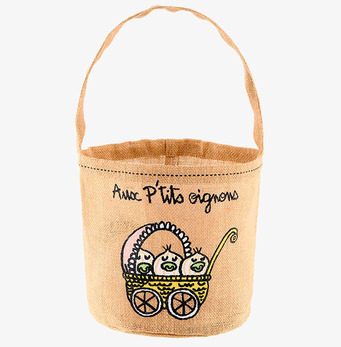 Bild av charmig jute-påse med färgglad illustration