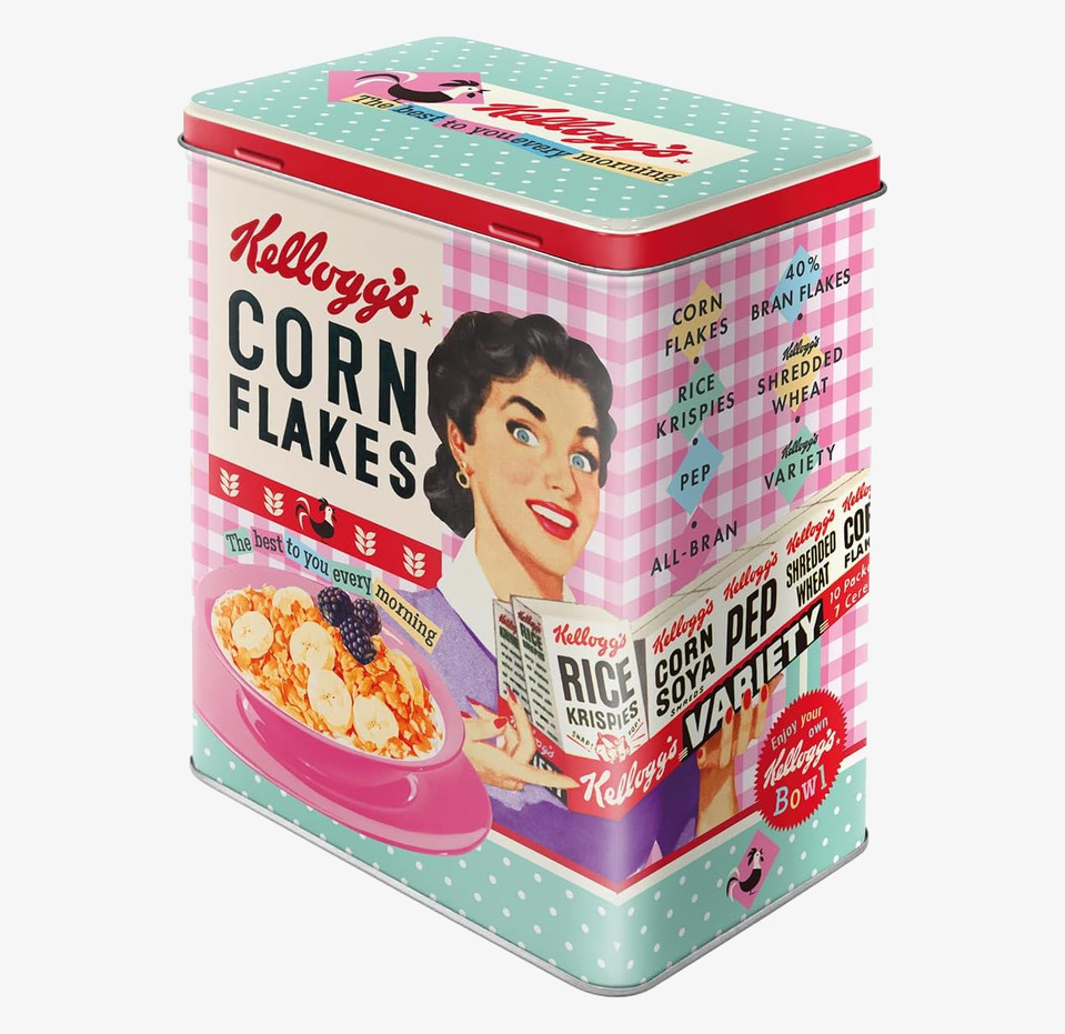 Bild av retro plåtburk med vintage design och färgrik grafik