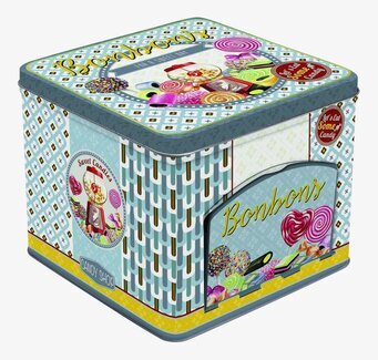 Bild av färgglad retro plåtburk med karamellmotiv