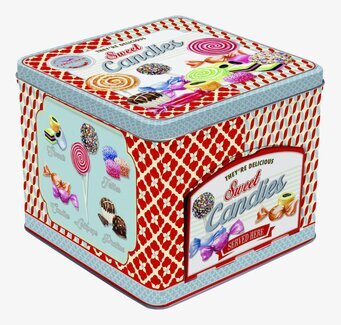 Bild av vintageinspirerad plåtburk med godismotiv