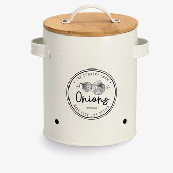 Bild av stilfull plåtburk för lök med trälock och handtag