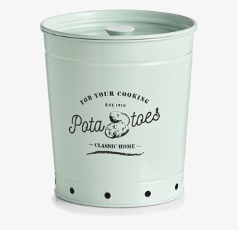 Bild av mintgrön plåtburk för potatisförvaring i kök
