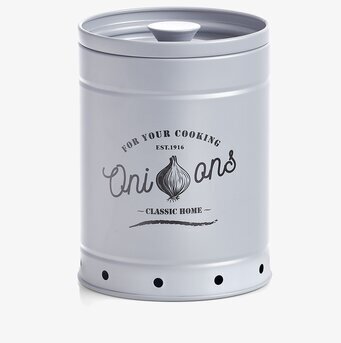 Bild av stilren grå plåtburk för förvaring av lök