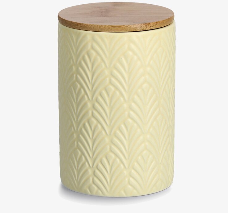 Bild av stilfull keramikburk med trälock och växtmotiv