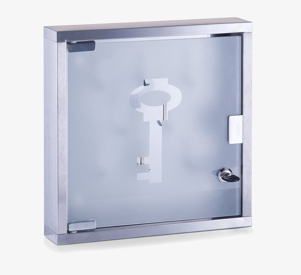 Bild av modernt nyckelskåp i rostfritt stål med glasdörr